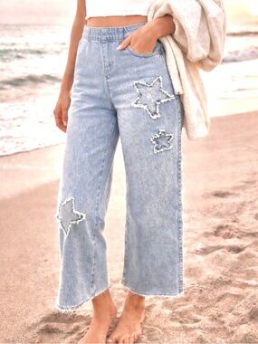 H&M, STAR-Patch Wide/Leg Jeans Cropped,Light Wash ,Y2K, Excellent Con.,Size XS